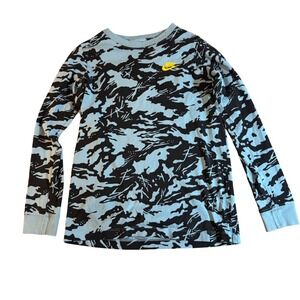 Nike‎ Kids Long Sleeve Camo Graphic T Shirt Cotton Blue Black Yellow Logo Size L